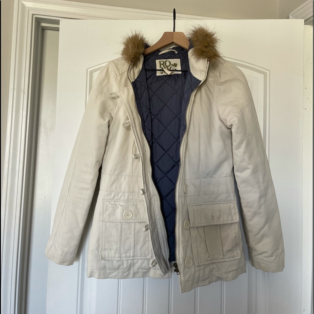 Roxy White Winter Coat with Faux Fur-lined Hood